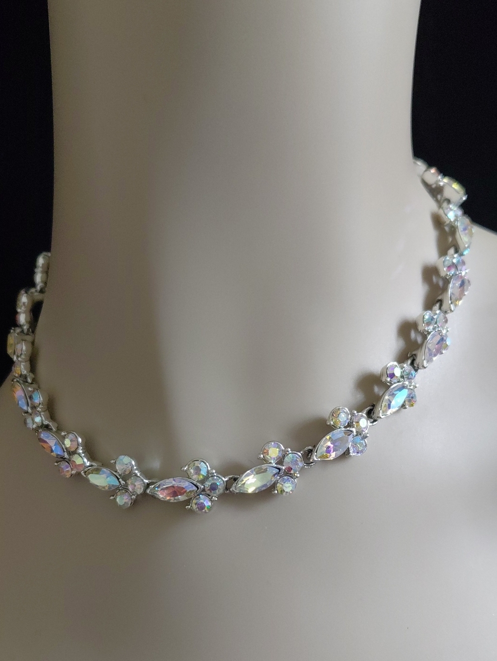 Vintage CORO Signed Aurora Borealis Rhinestone Silver Tone Necklace